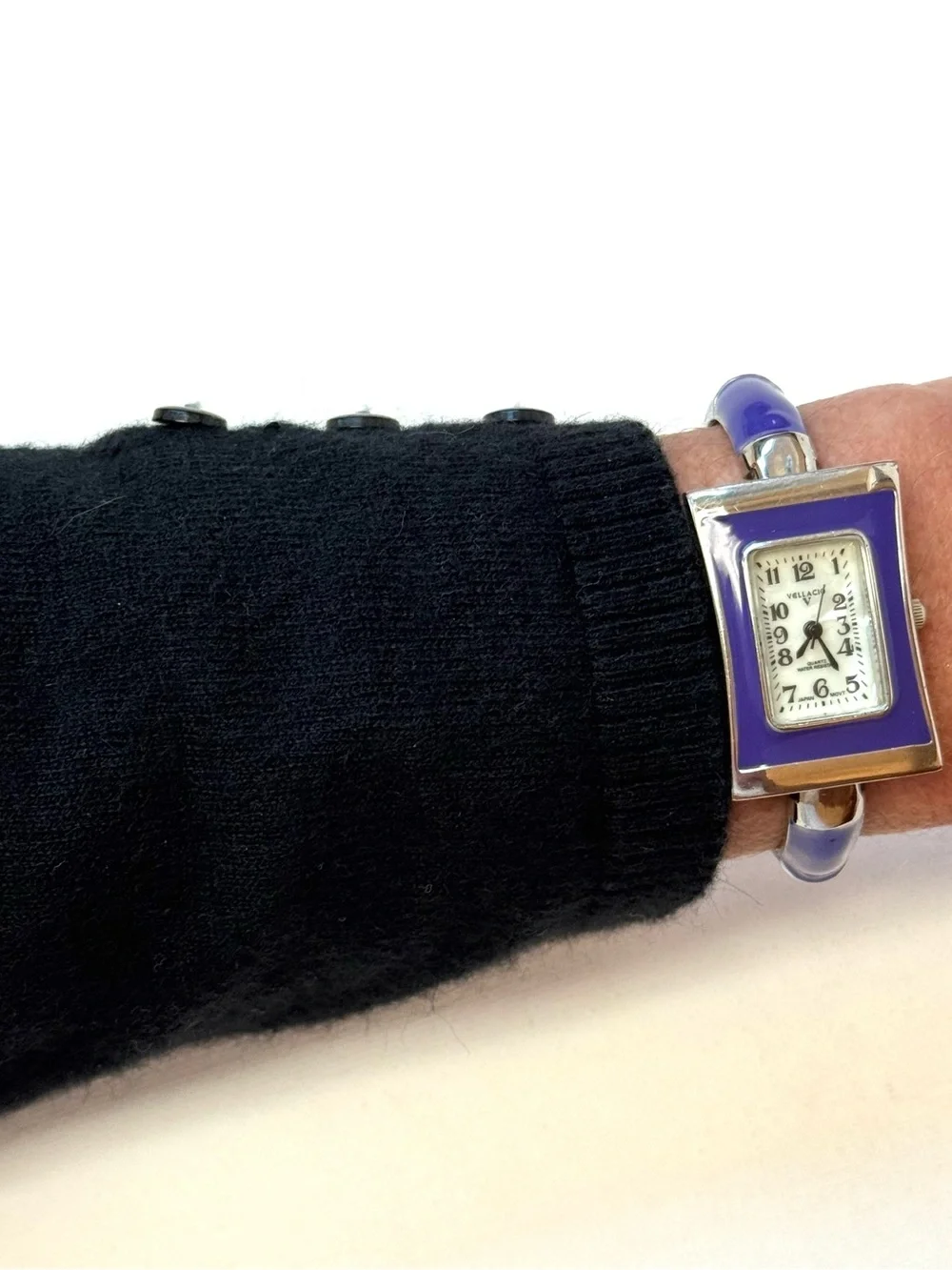 Vintage Vellacio Mother Of Pearl Cuff Watch Women's Bamboo Look Silver Purple